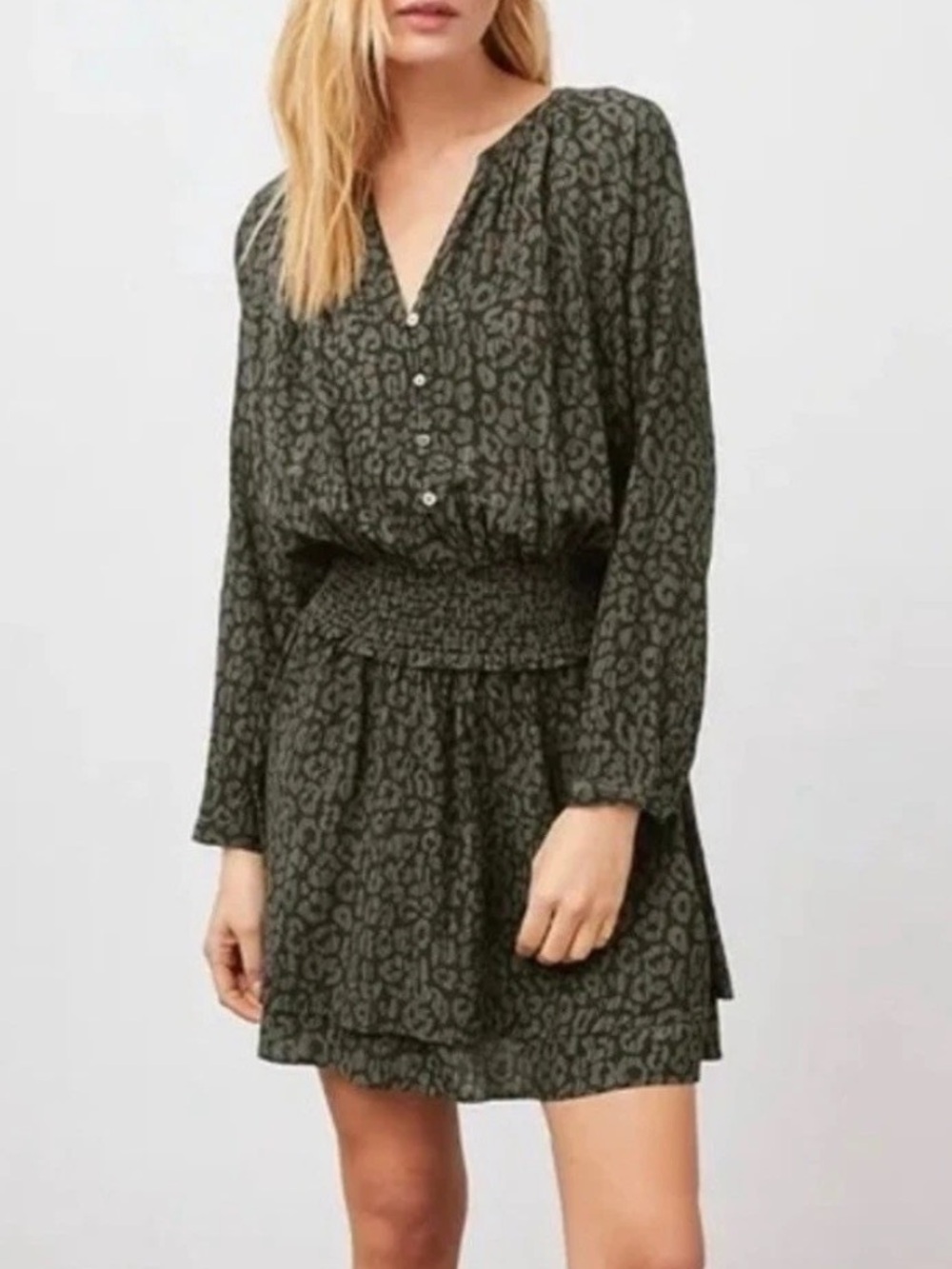 Rails Jasmine Olive Batik Cheetah Smocked-Waist Dress